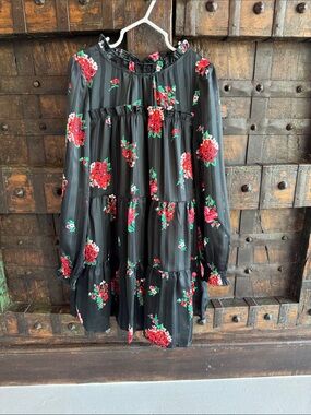 Cat & Jack Black Floral Tiered Dress with Red Flowers